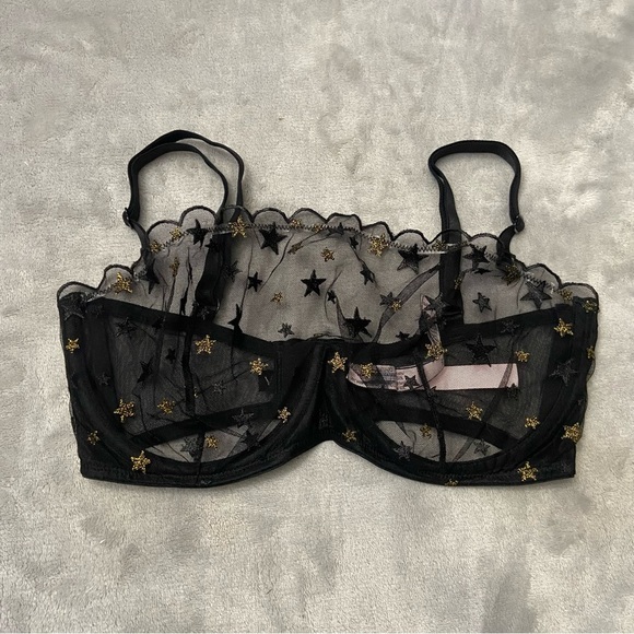 New! Victorias Secret black metallic star pattern mesh lace bra 20084 - Picture 2 of 7